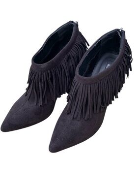 Black Suede Fringe Pointed-Toe Ankle Boots